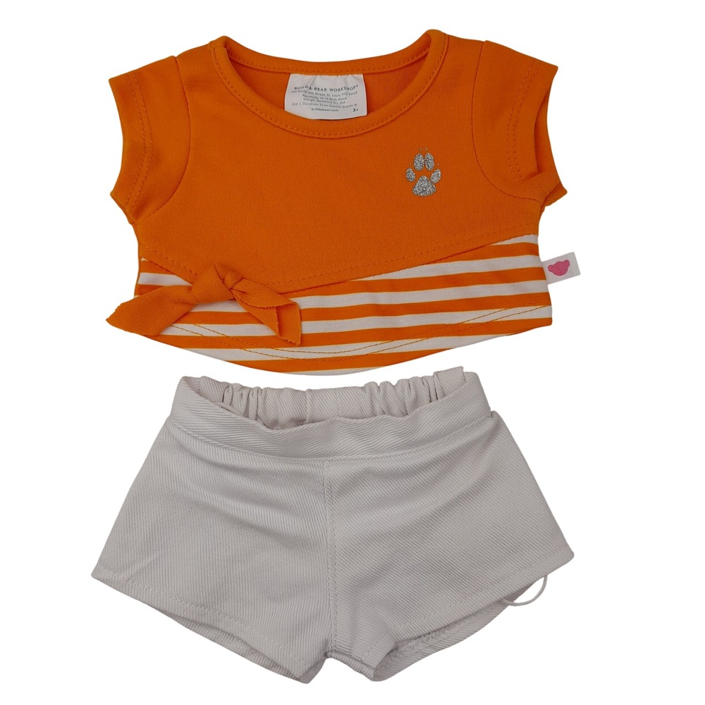 Build-A-Bear Workshop Orange White Paw Print Top and Shorts Plush Outfit Set